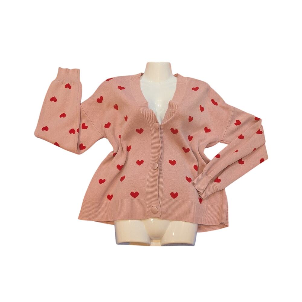 Marled by Reunited Pink heart cardigan with red hearts Size L